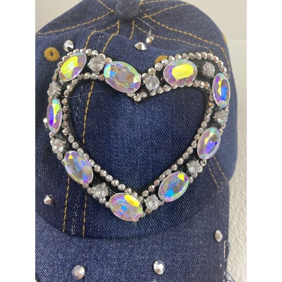 Woman Denim Sparkle Hat Rhinestone Heart Bling Embellished Adjustable Frayed Cap - Picture 7 of 13